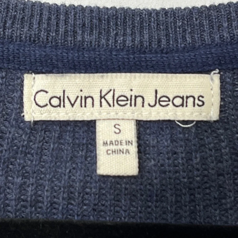 Calvin Klein Jeans Womens‎ Navy Blue V-Neck Ribbed Shoulder Knit Sweater Size S